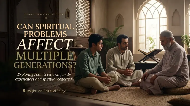 Muslim family discussing spiritual problems across generations with an Islamic teacher beside the Quran