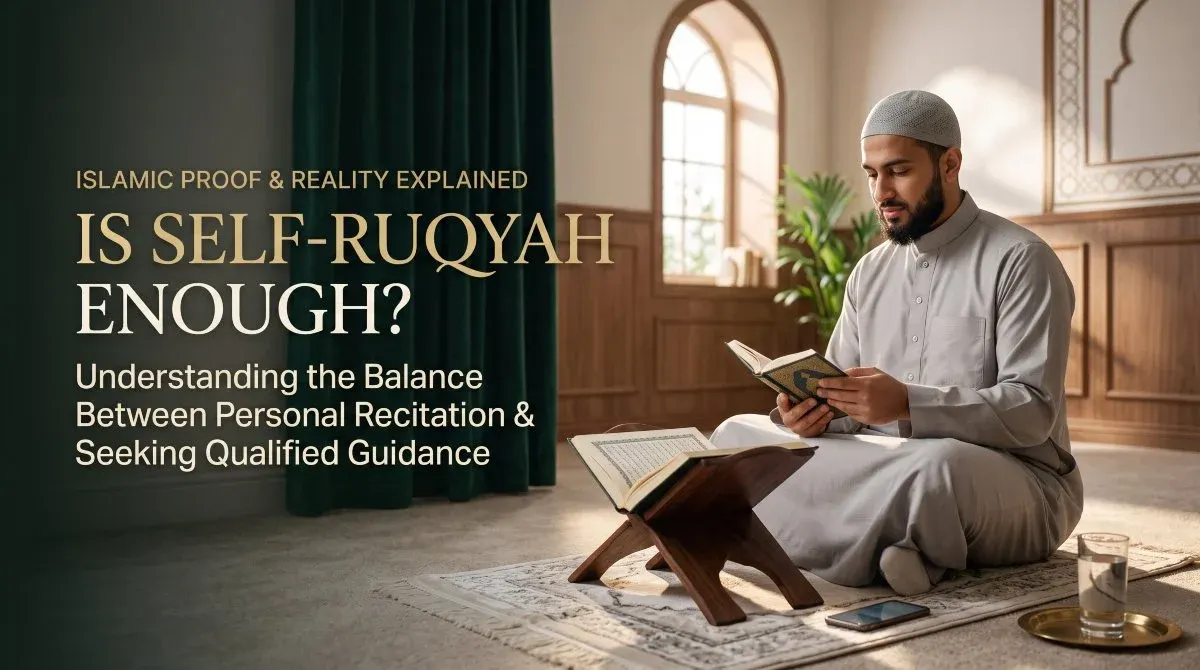 Muslim man performing self-ruqyah while reading the Quran in a mosque