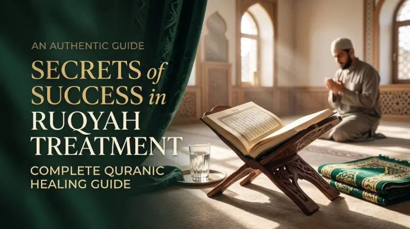 Open Quran with a man praying, illustrating the secrets of successful Ruqyah treatment in Islam.