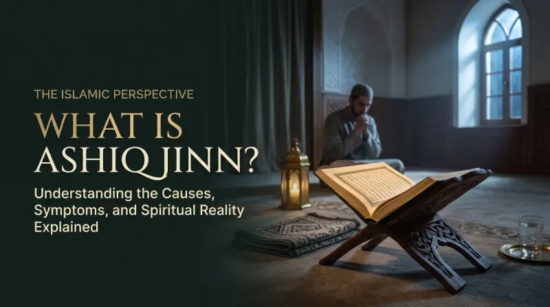 Open Quran with a man praying, illustrating the Islamic perspective on Ashiq Jinn.